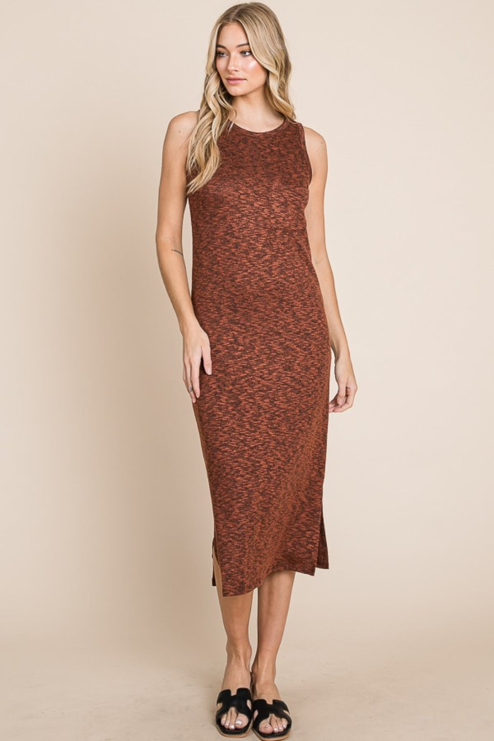BOMBOM Slit Round Neck Sleeveless Midi Dress - Charming Charlie