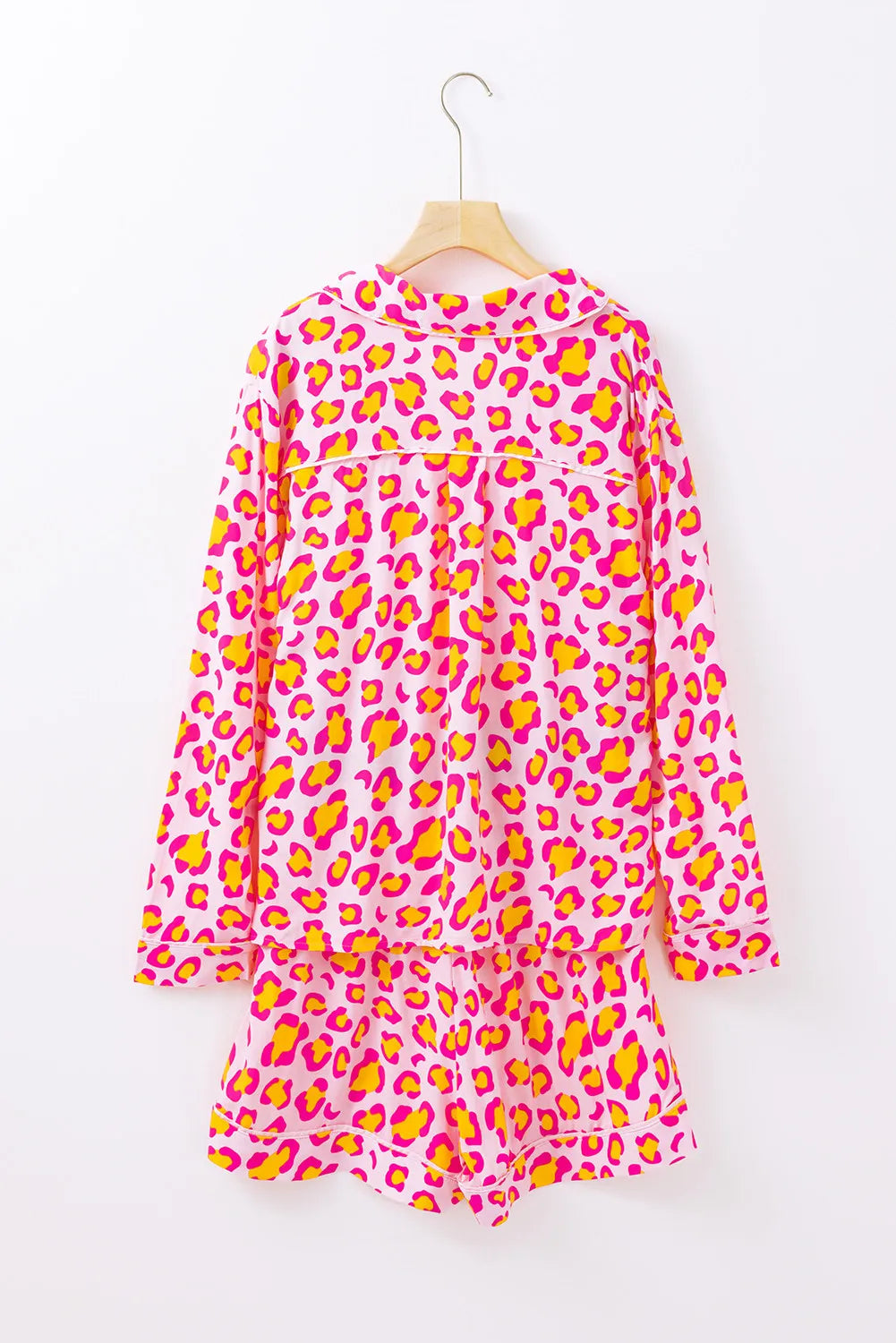Leopard Collared Neck Long Sleeve Top and Shorts Lounge Set - Charming Charlie