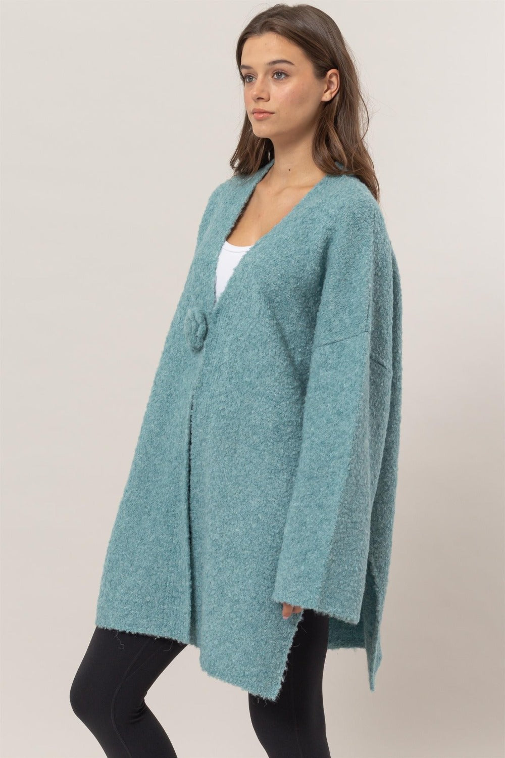 HYFVE Front Rosette Longline Slit Sweater Cardigan - Charming Charlie