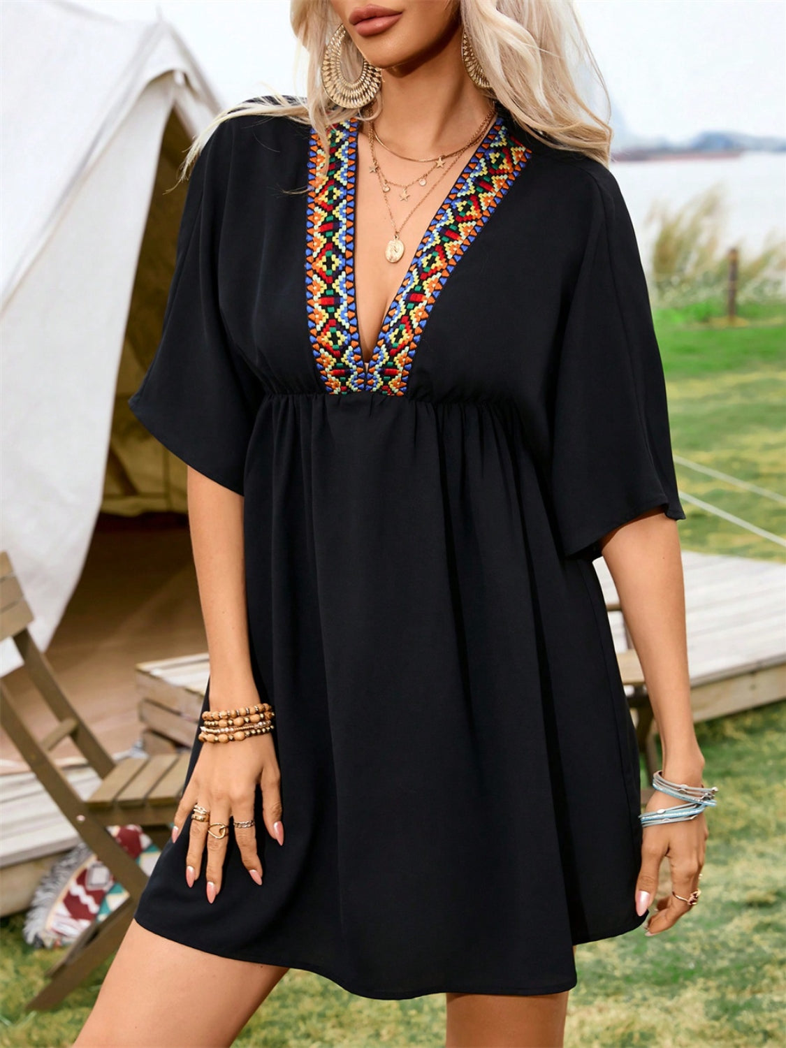 Embroidered Plunge Half Sleeve Mini Dress - Charming Charlie