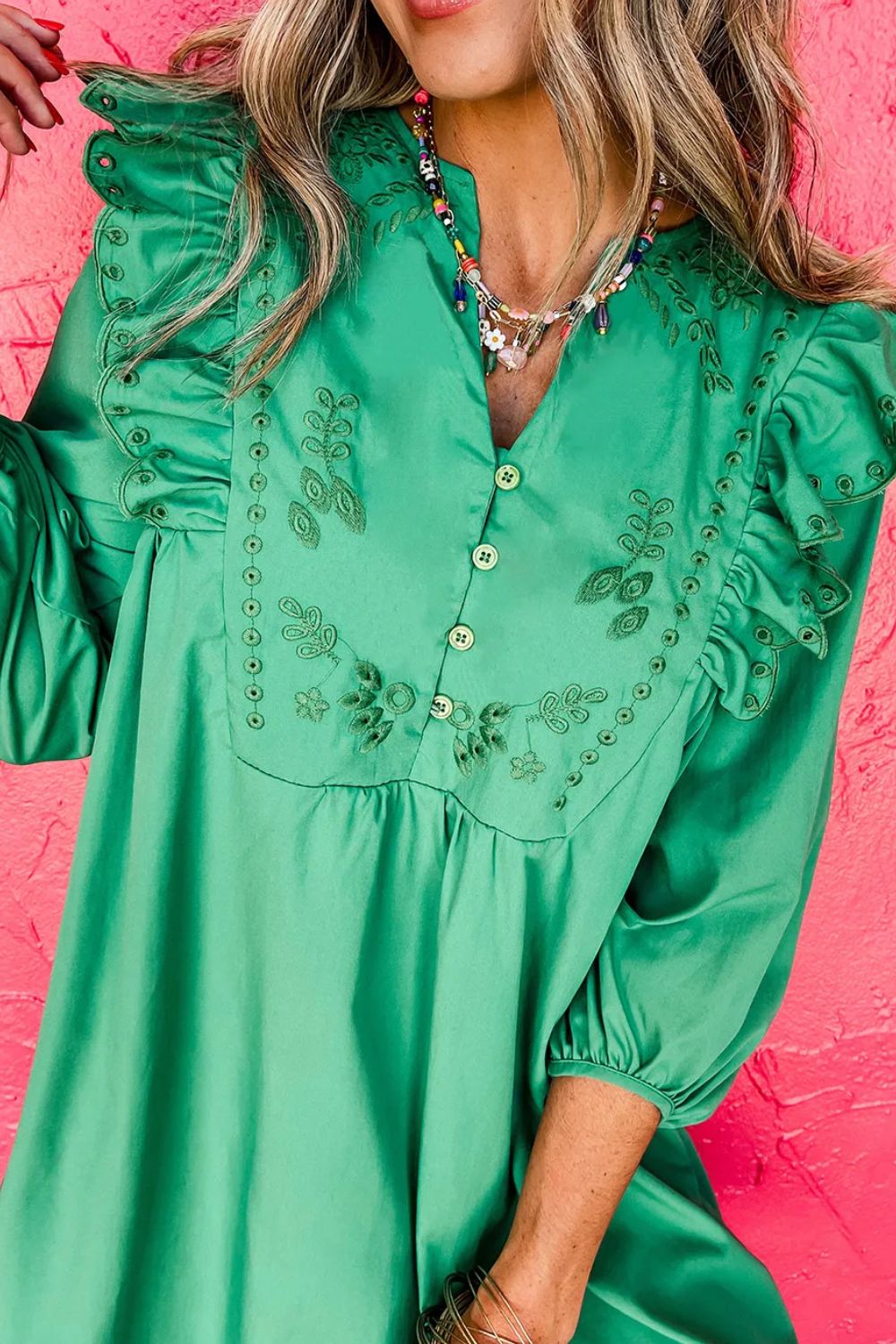 Embroidered Ruffled Notched Three-Quarter Sleeve Dress - Charming Charlie