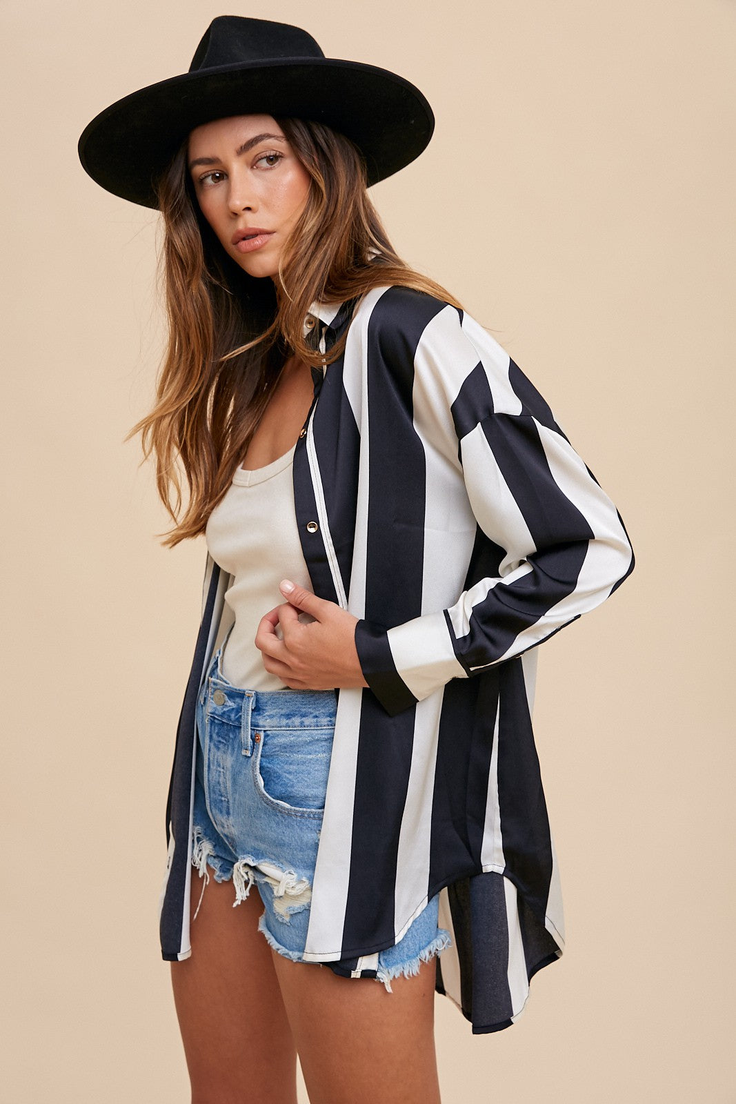 Annie Wear Striped Dropped Shoulder Button Up Shirt - Charming Charlie