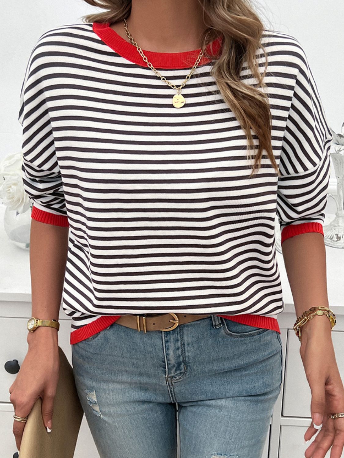 Striped Round Neck Dropped Shoulder Sweater - Charming Charlie