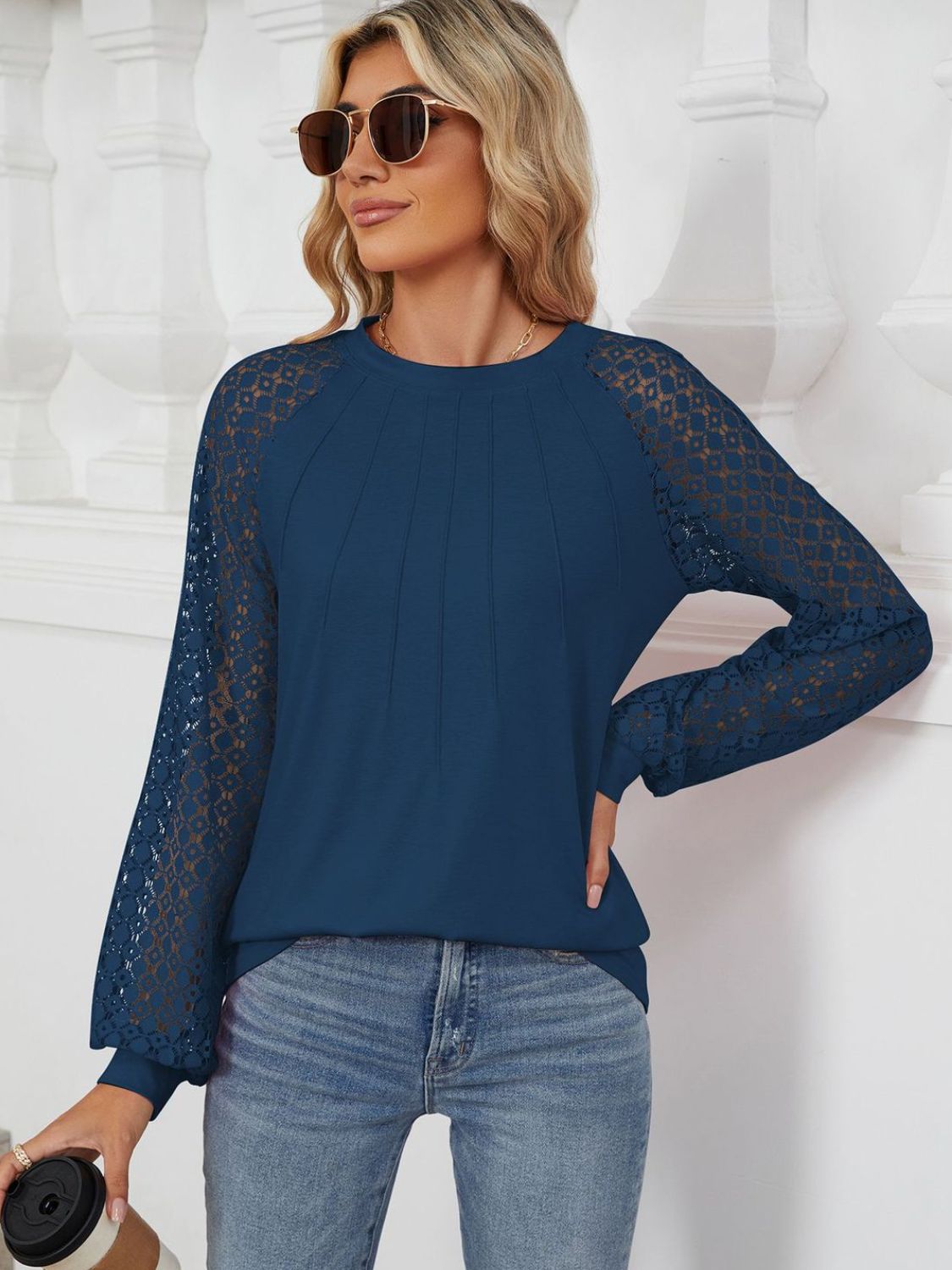 Round Neck Lace Long Sleeve Top - Charming Charlie