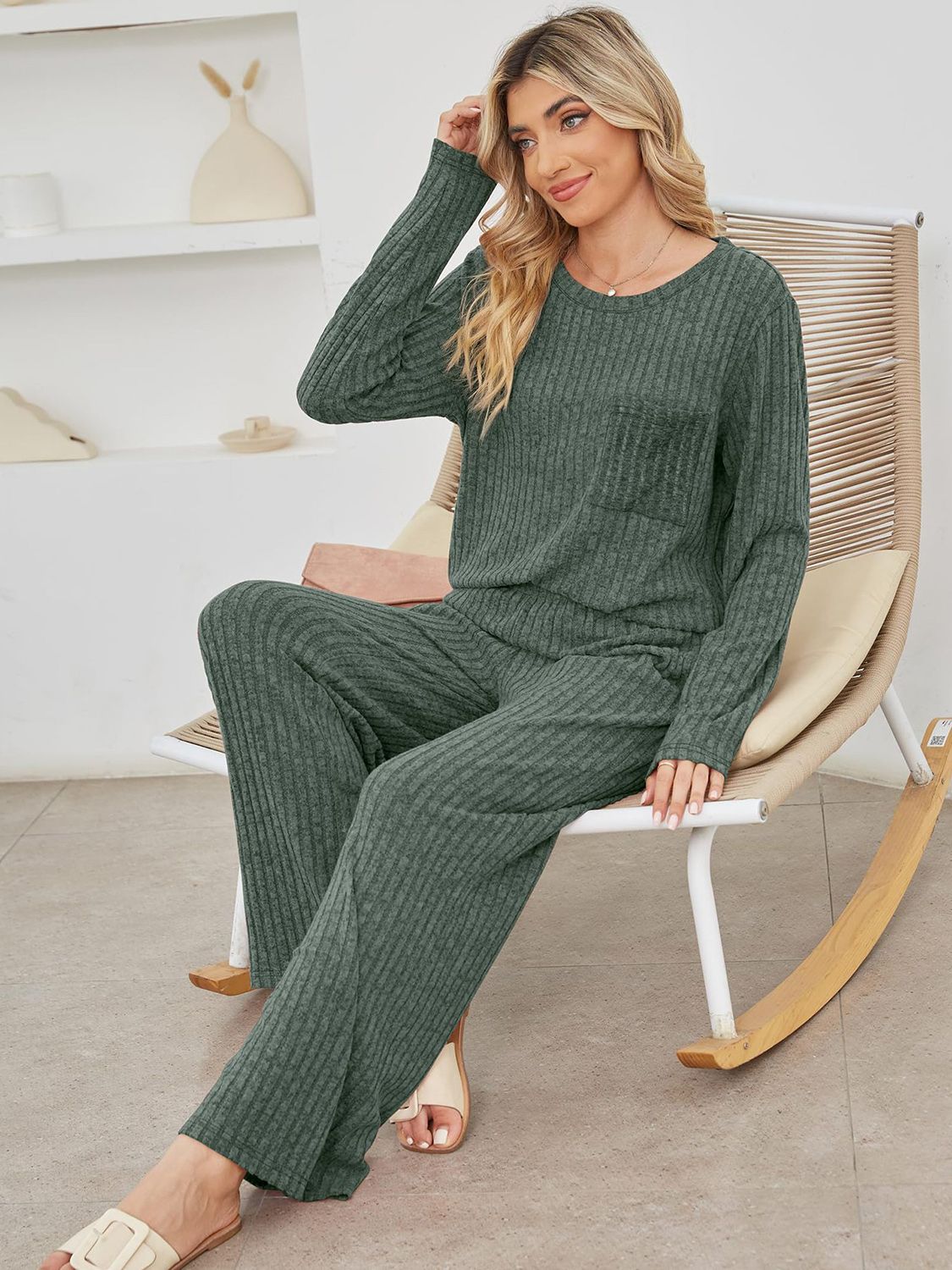 Round Neck Long Sleeve Top and Pants Set - Charming Charlie