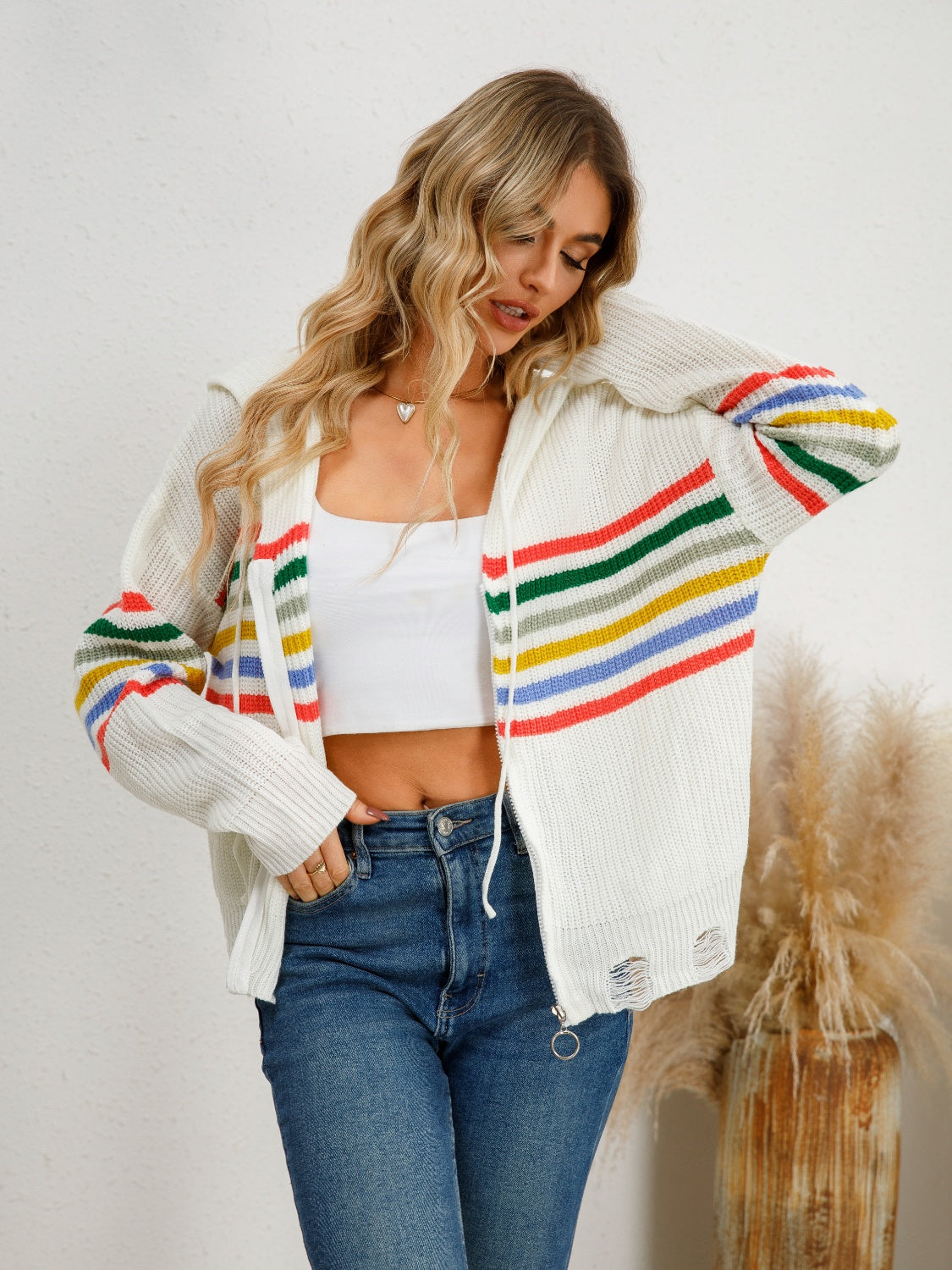 Drawstring Striped Dropped Shoulder Hooded Cardigan - Charming Charlie