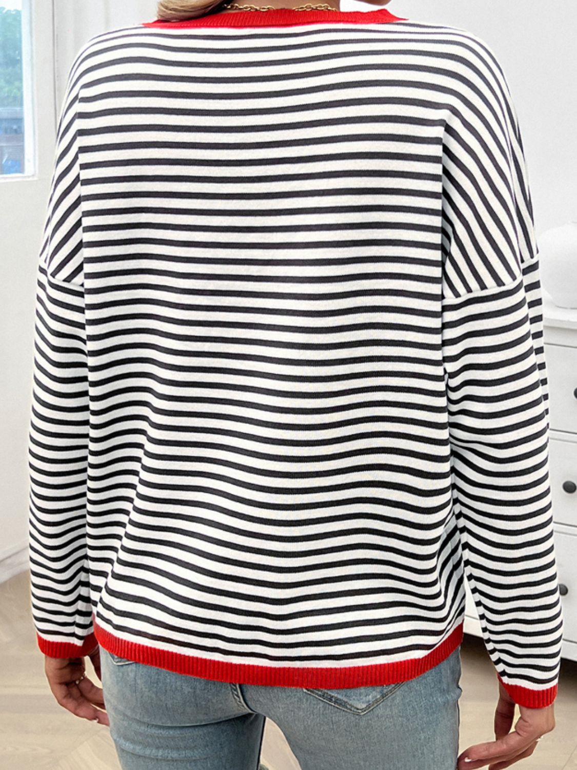 Striped Round Neck Dropped Shoulder Sweater - Charming Charlie
