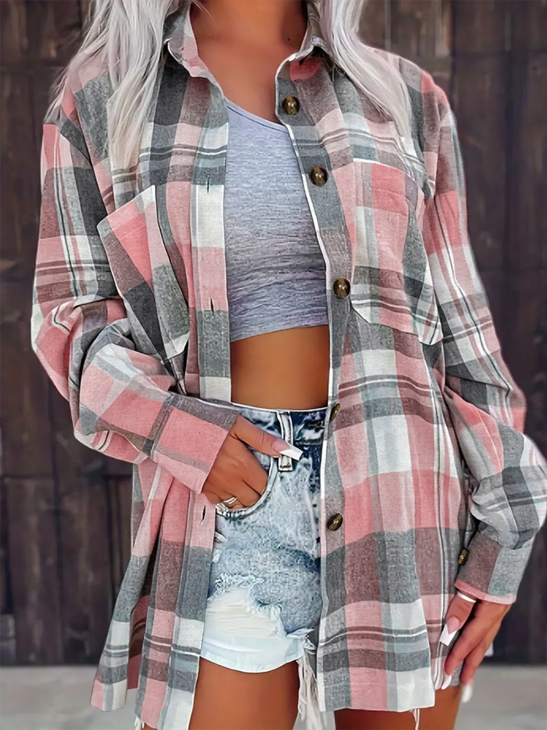 Pocketed Plaid Collared Neck Shacket - Charming Charlie