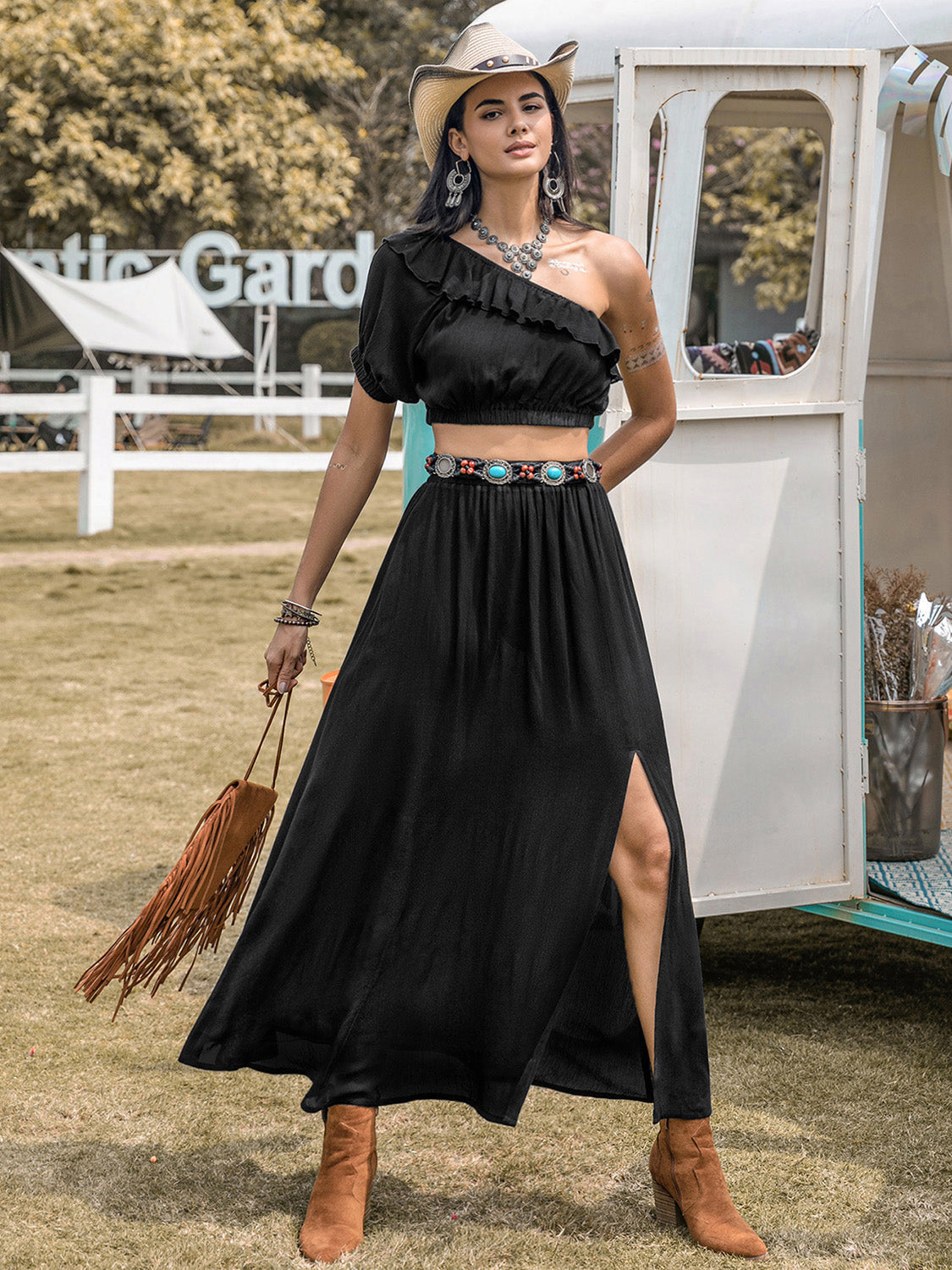 Ruffled Single Shoulder Top and Slit Skirt Set - Charming Charlie