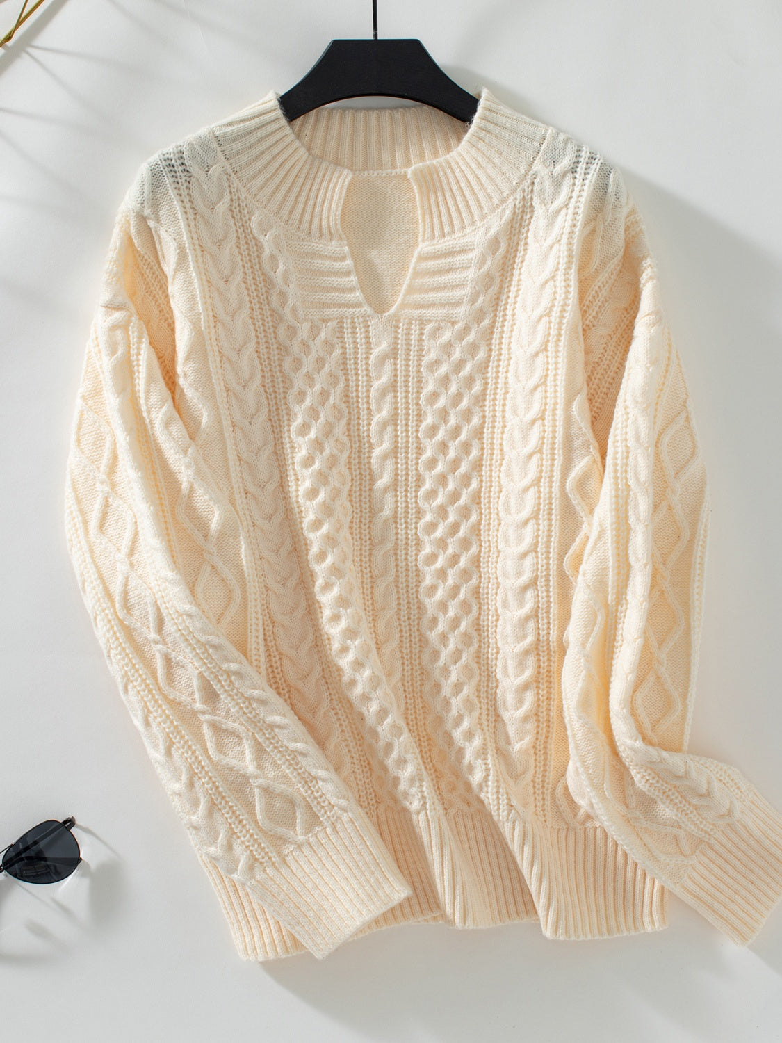 Cable-Knit Notched Long Sleeve Sweater - Charming Charlie