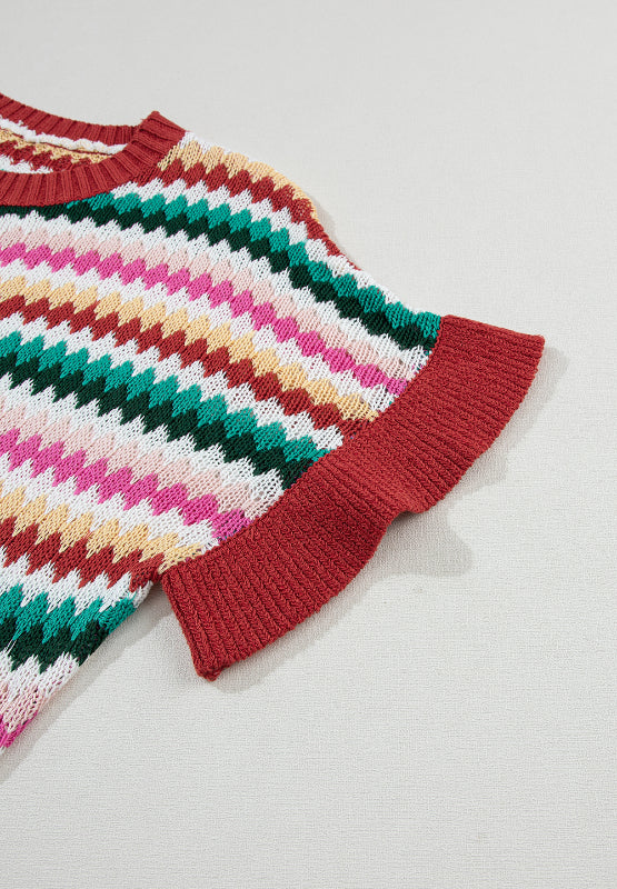 Contrast Round Neck Short Sleeve Sweater - Charming Charlie