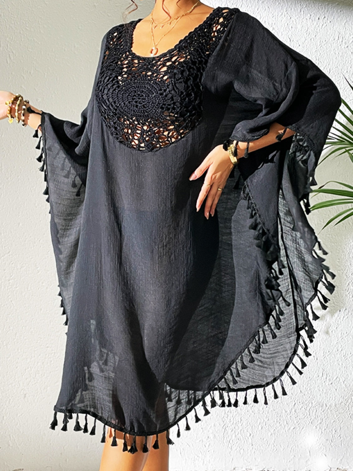 Tassel Cutout Scoop Neck Cover-Up Dress - Charming Charlie