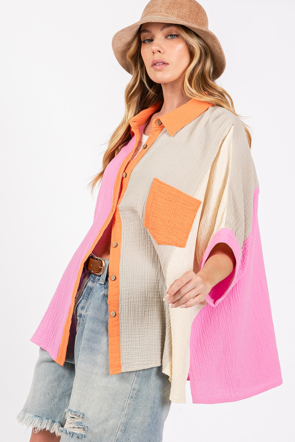 SAGE + FIG Full Size Color Block Button-Down Shirt - Charming Charlie