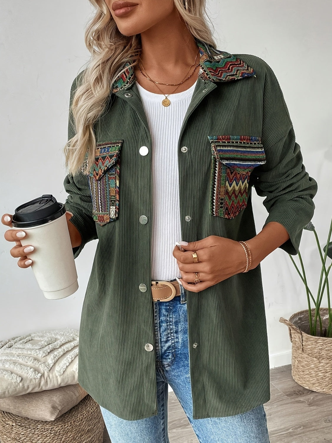 Snap Down Long Sleeve Jacket with Chest Pockets - Charming Charlie