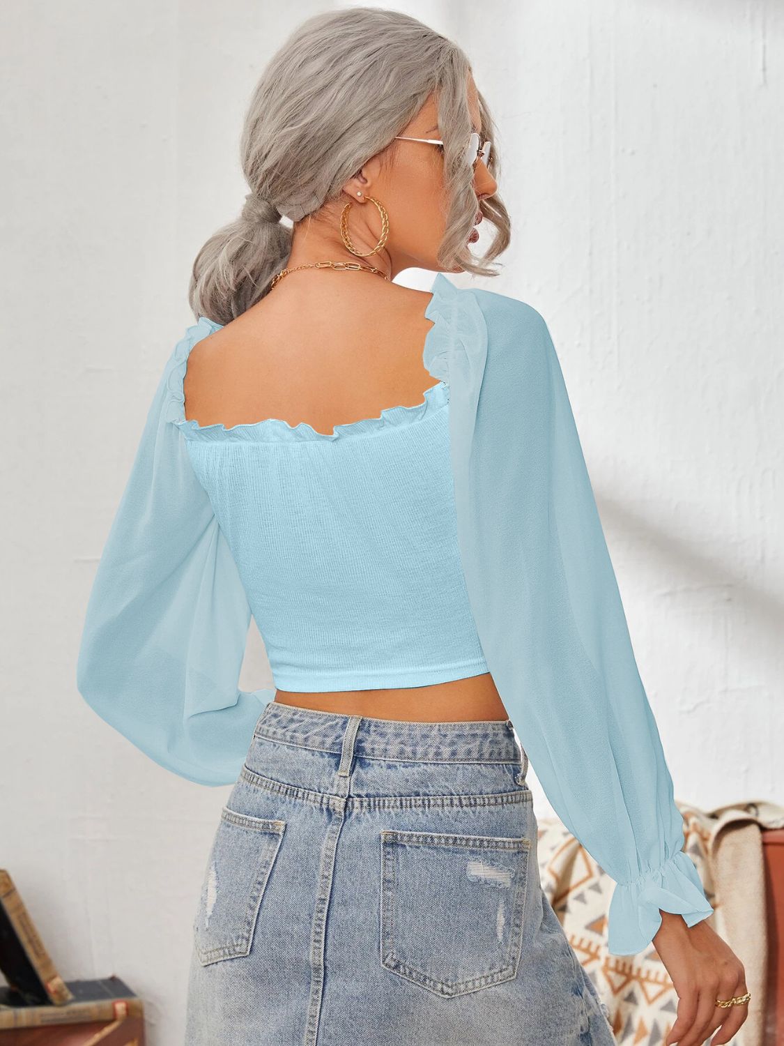 Mesh Sweetheart Neck Flounce Sleeve Top - Charming Charlie