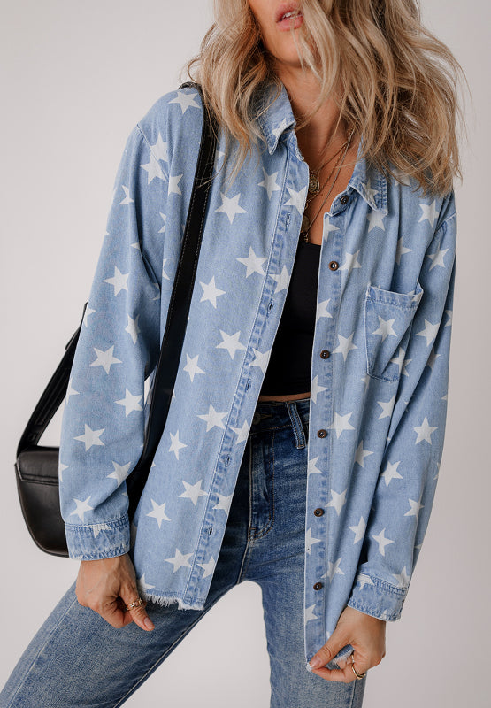 Raw Hem Star Collared Neck Denim Top - Charming Charlie