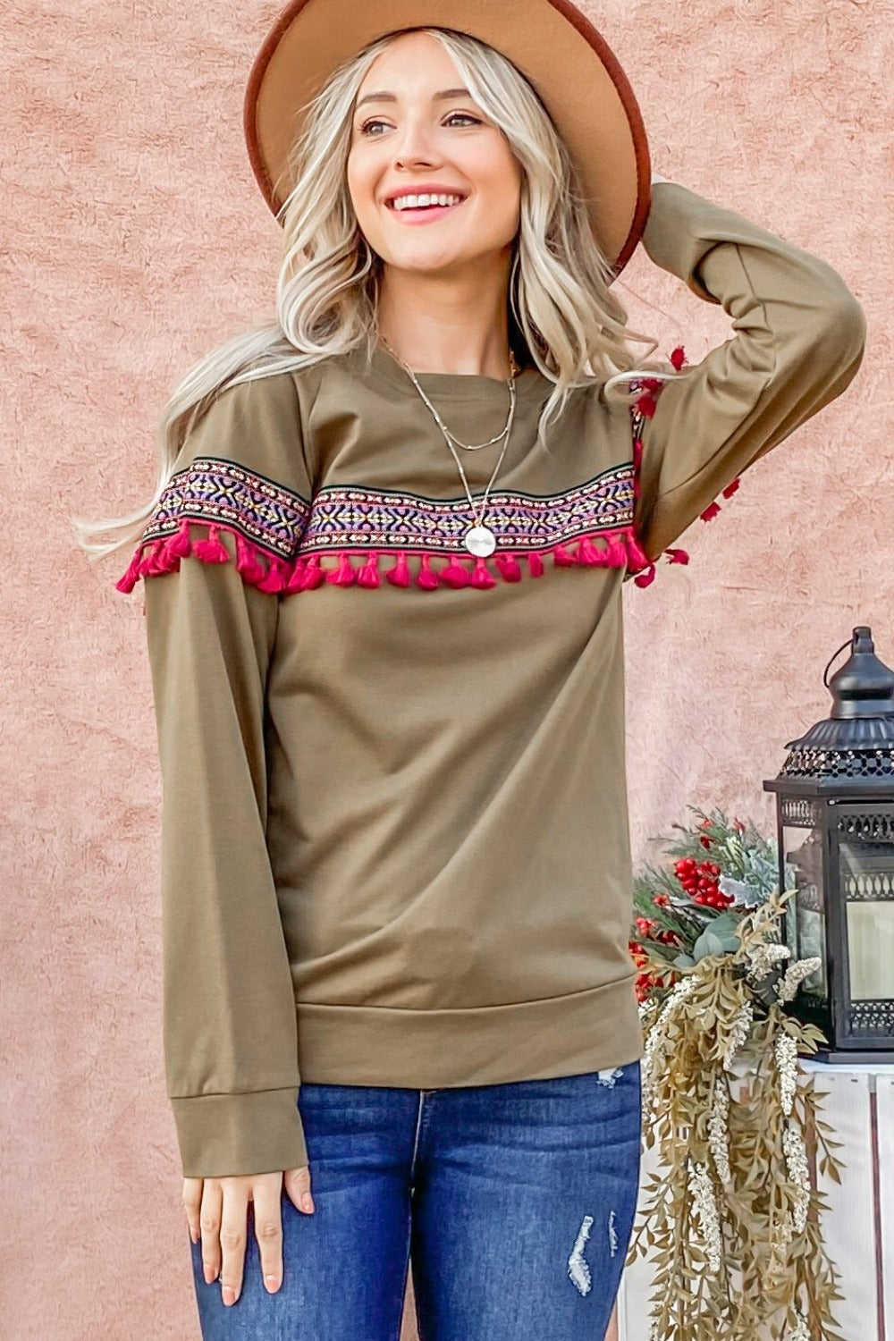 And The Why Ethnic Ribbon Tassel Trim Top - Charming Charlie