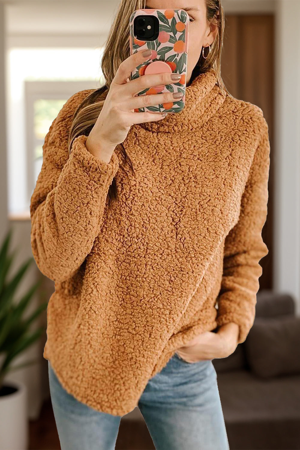 Fuzzy Turtleneck Long Sleeve Sweatshirt - Charming Charlie