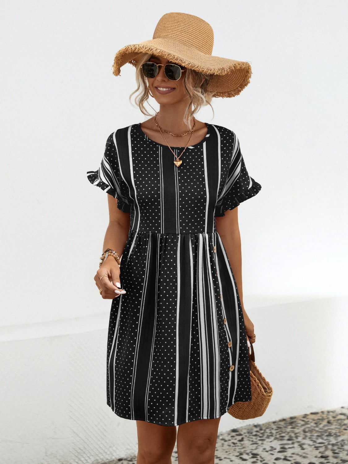 Striped Polka Dot Frill Short Sleeve Mini Dress - Charming Charlie