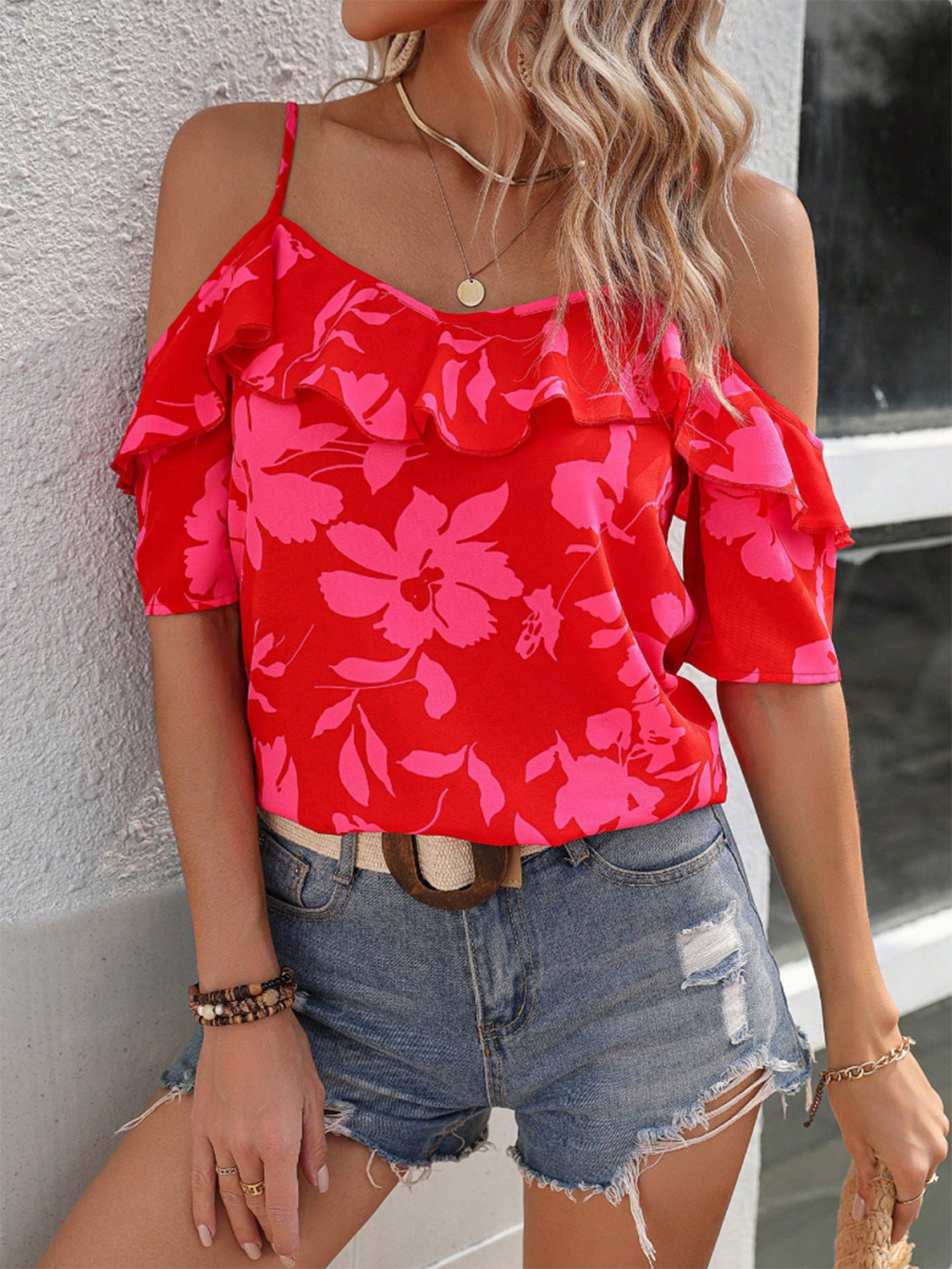 Ruffled Printed Short Sleeve Blouse - Charming Charlie