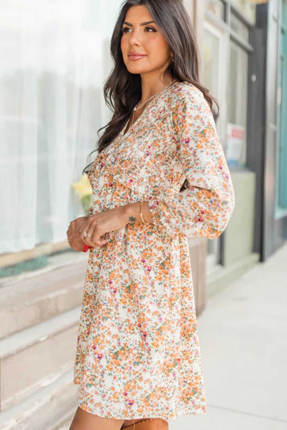 Printed V-Neck Balloon Sleeve Mini Dress - Charming Charlie
