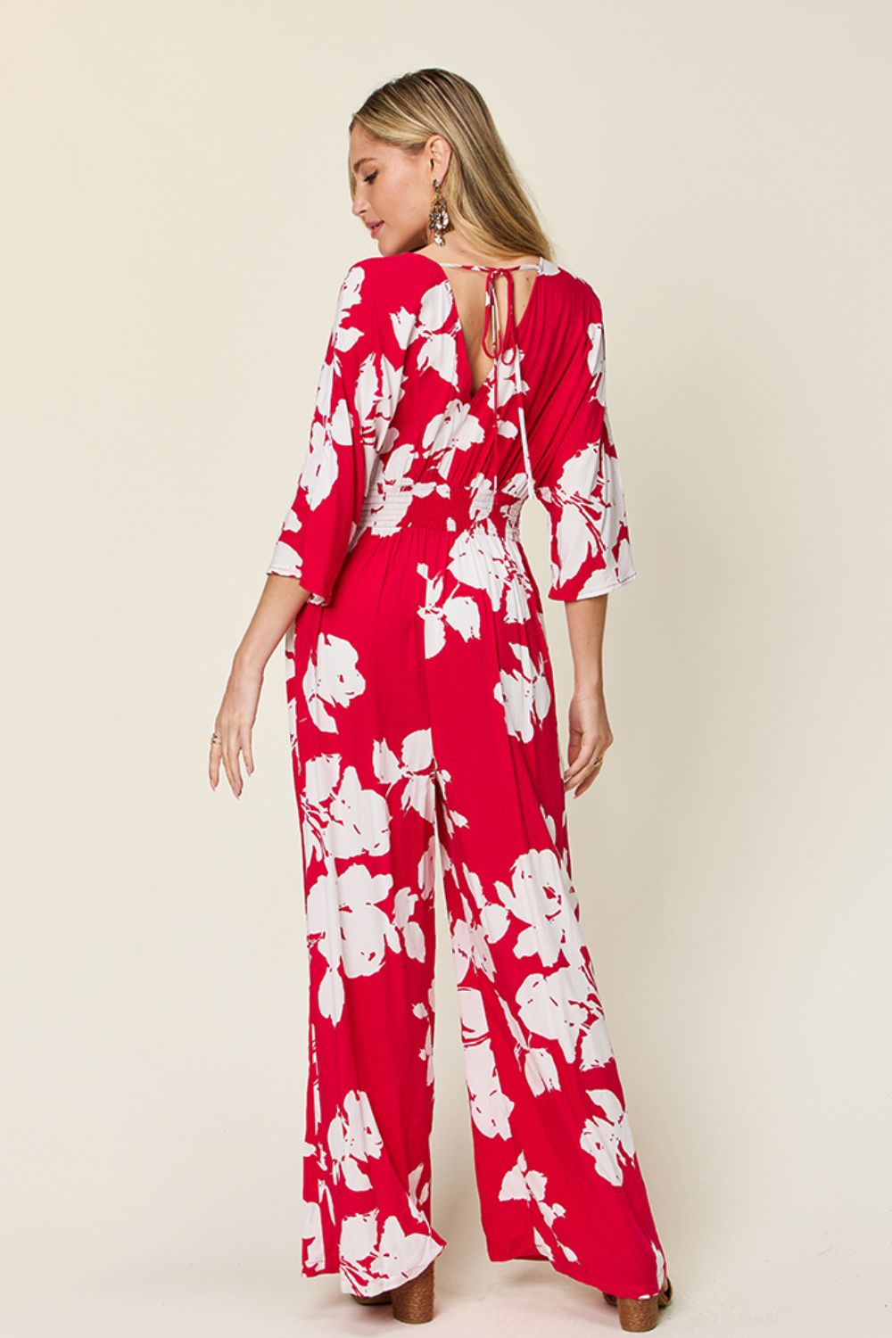 Double Take Full Size Printed Tie Back Wide Leg Jumpsuit - Charming Charlie