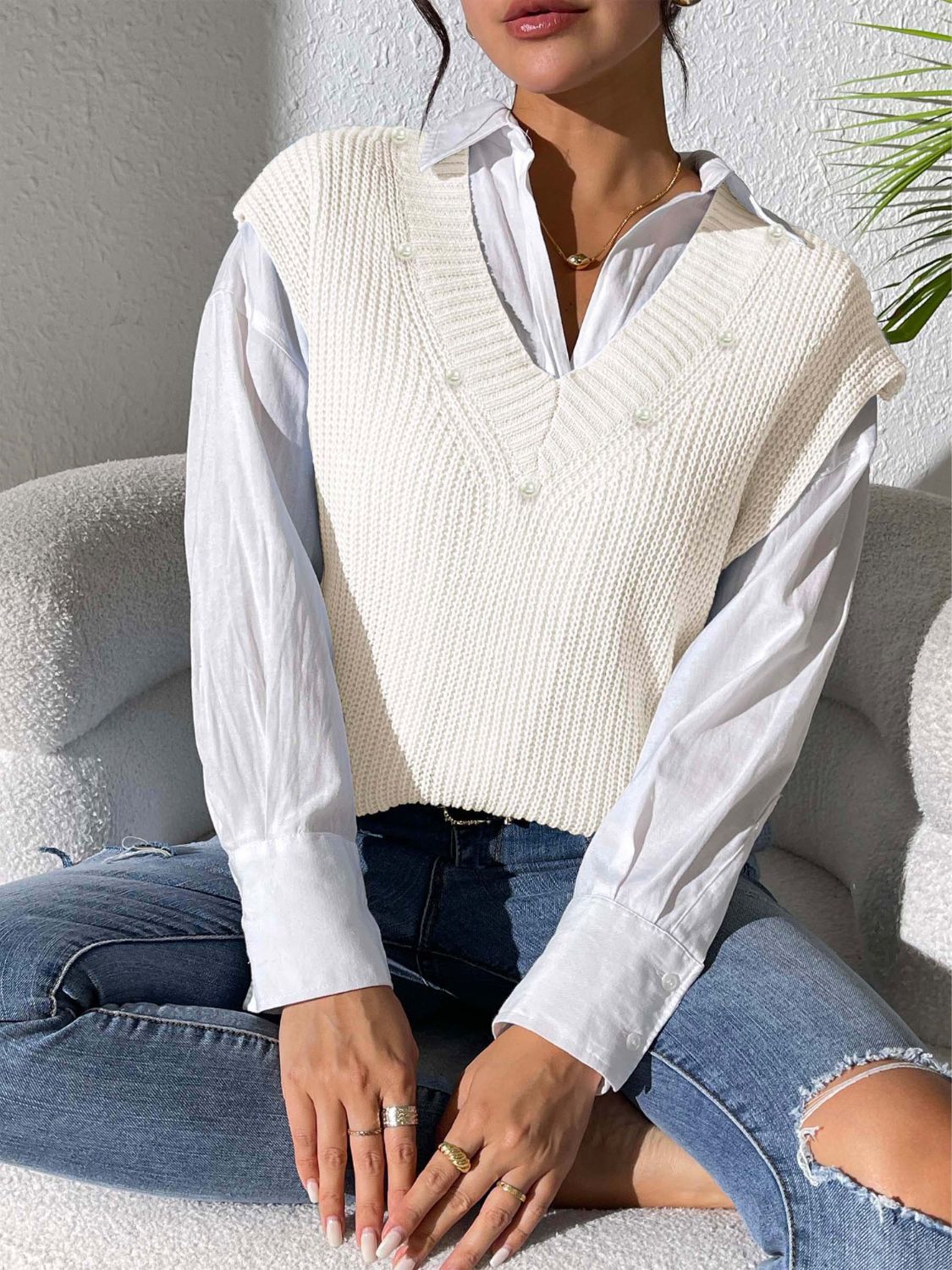 Pearl Trim V-Neck Sweater Vest - Charming Charlie