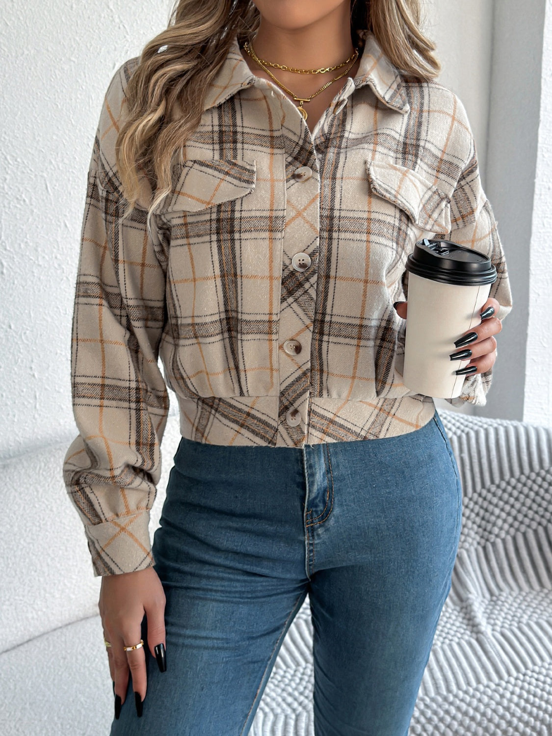 Plaid Button Up Long Sleeve Jacket - Charming Charlie