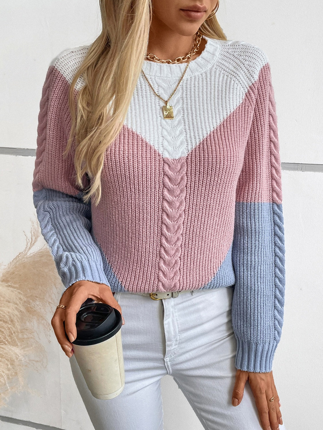 Color Block Round Neck Long Sleeve Sweater - Charming Charlie