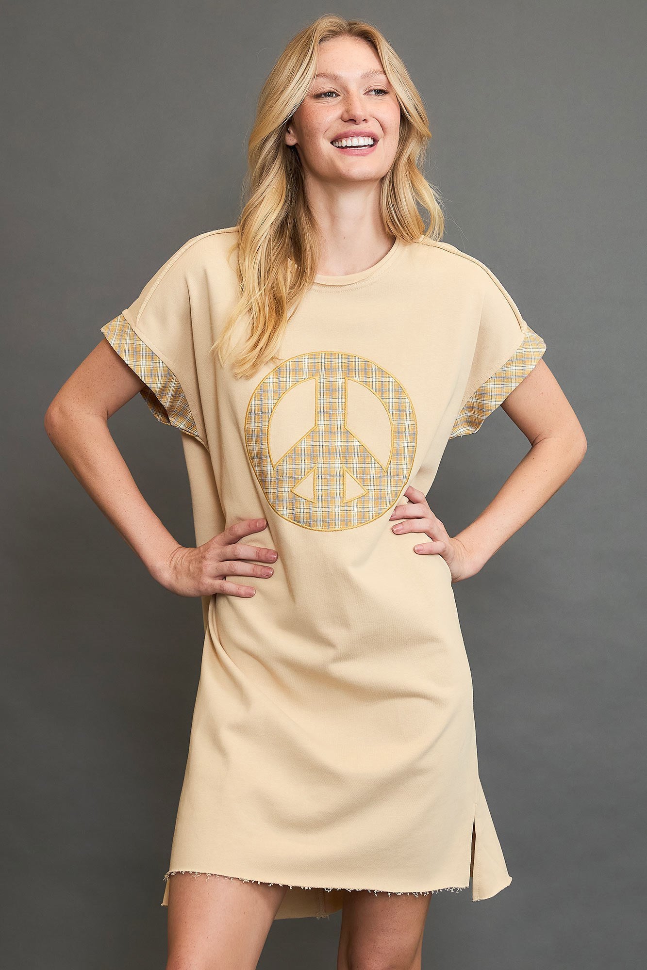 Umgee Peace Plaid Applique Short Sleeve Mini Dress - Charming Charlie