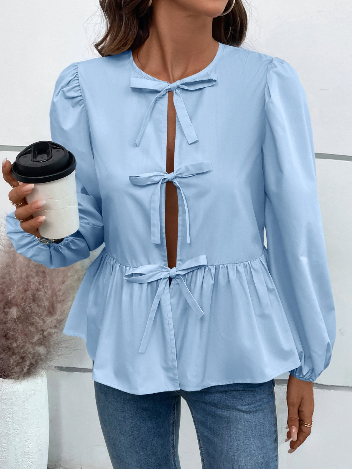 Peplum Tied Long Sleeve Blouse - Charming Charlie