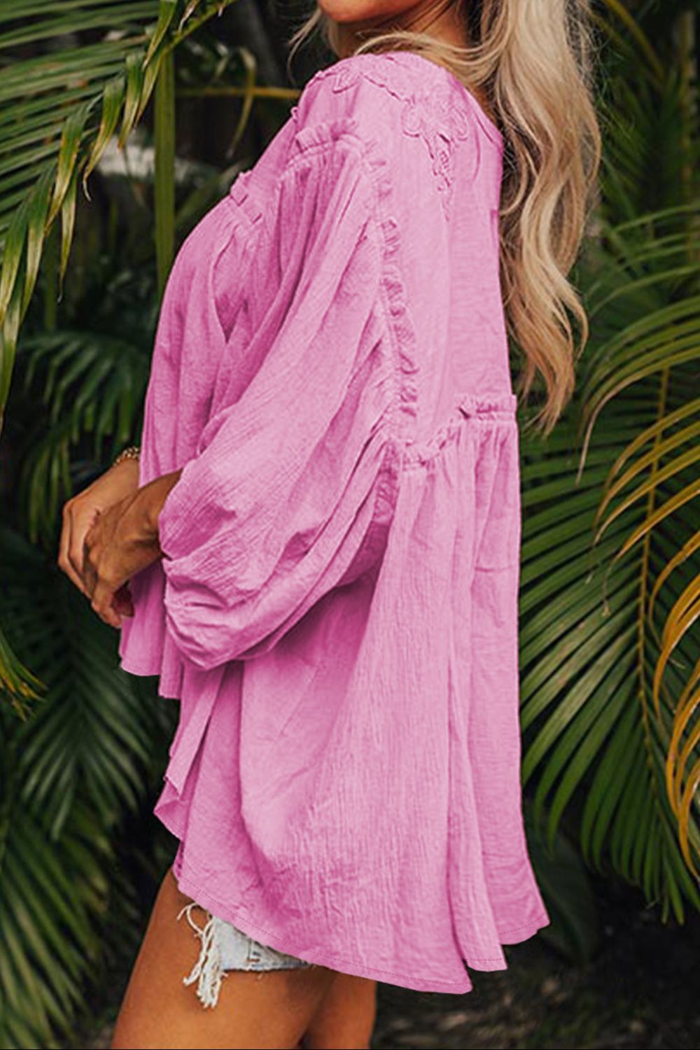 Dropped Shoulder Round Neck Blouse - Charming Charlie
