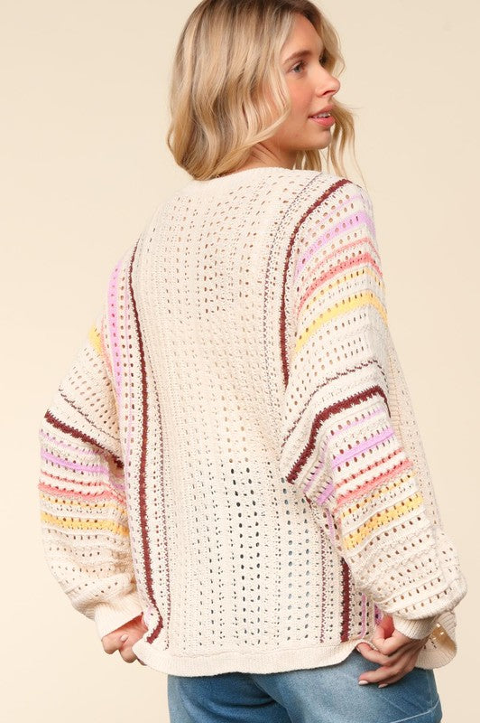 Haptics Full Size Striped Crochet Open Front Cardigan - Charming Charlie