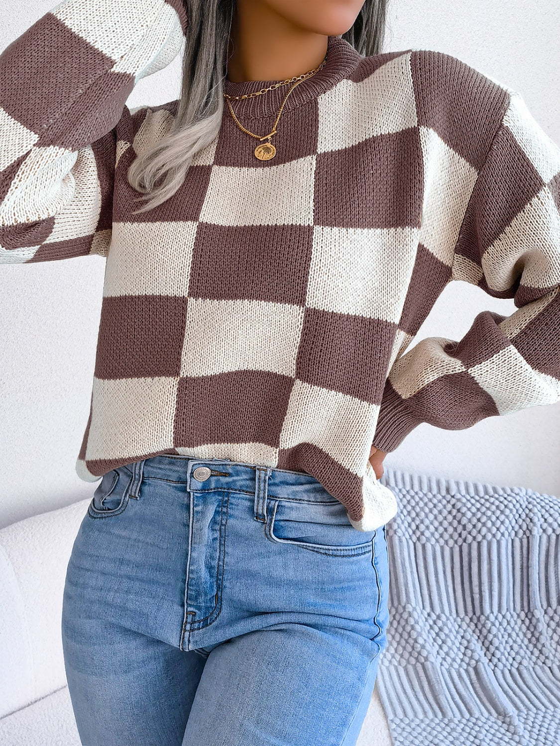 Checkered Mock Neck Long Sleeve Sweater - Charming Charlie
