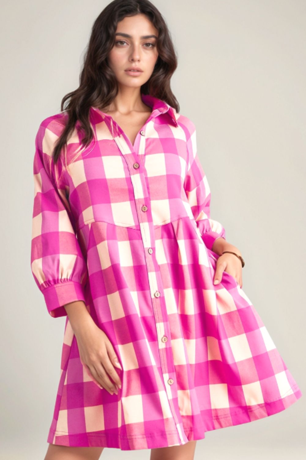 Ruched Plaid Three-Quarter Sleeve Shirt Dress - Charming Charlie