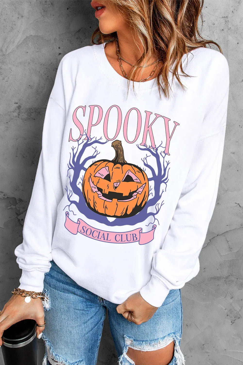 Jack-O'-Lantern Round Neck Long Sleeve Sweatshirt - Charming Charlie