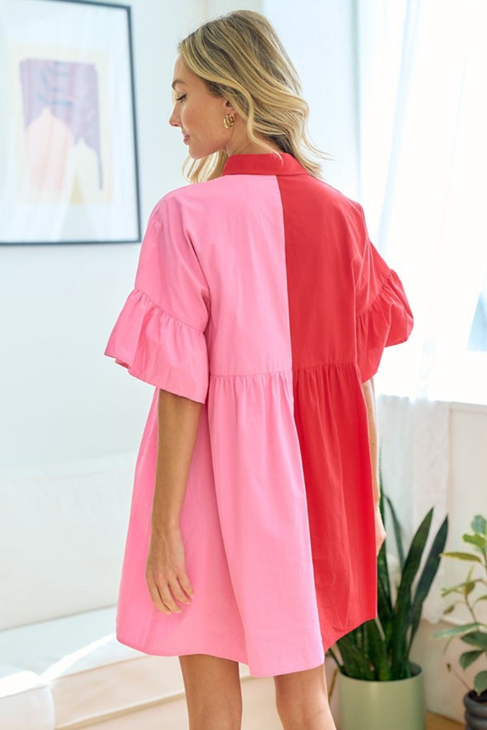 First Love Full Size Color Blocked Button Down Babydoll Dress - Charming Charlie