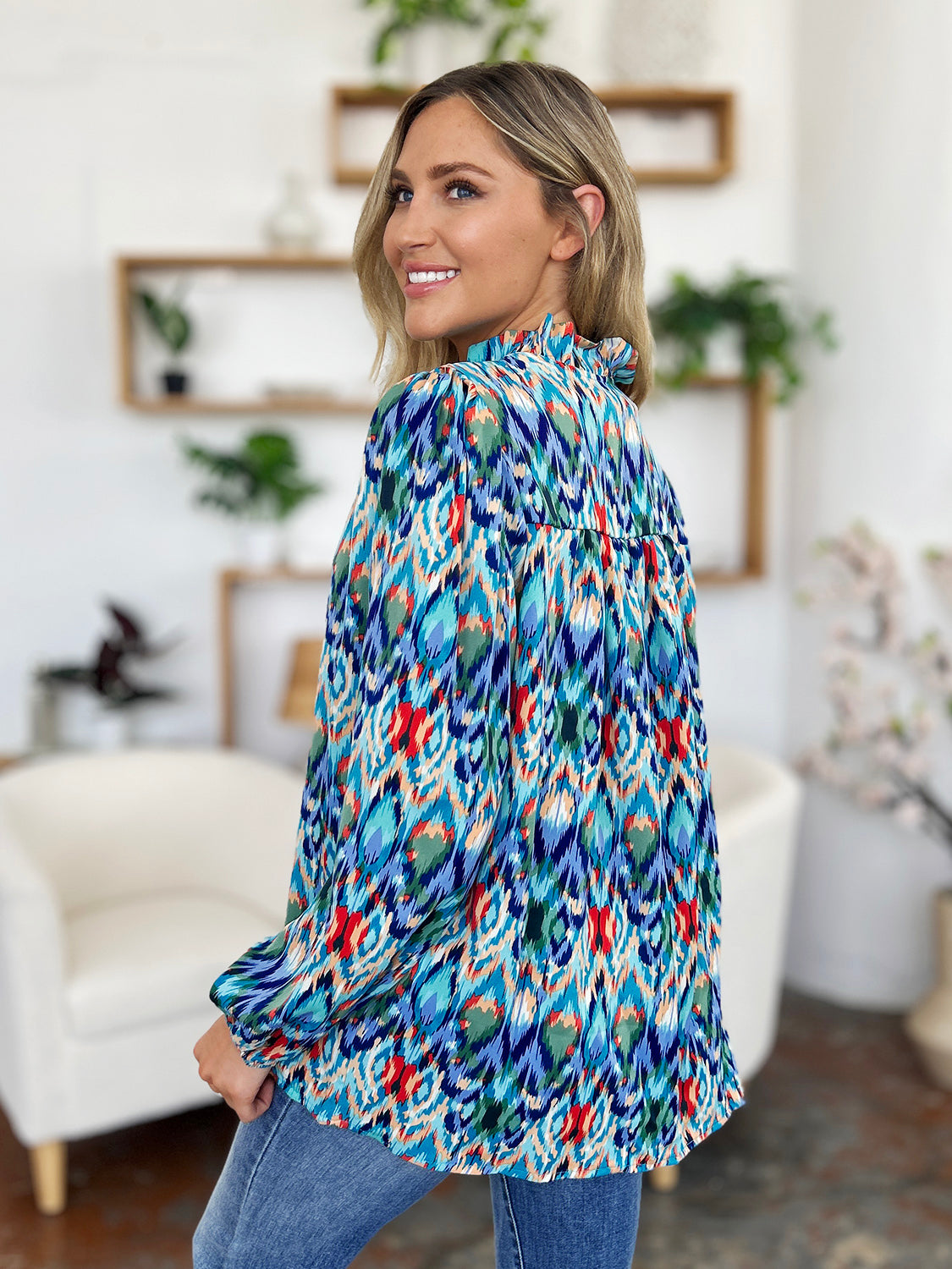 Double Take Full Size Printed Balloon Sleeve Blouse - Charming Charlie