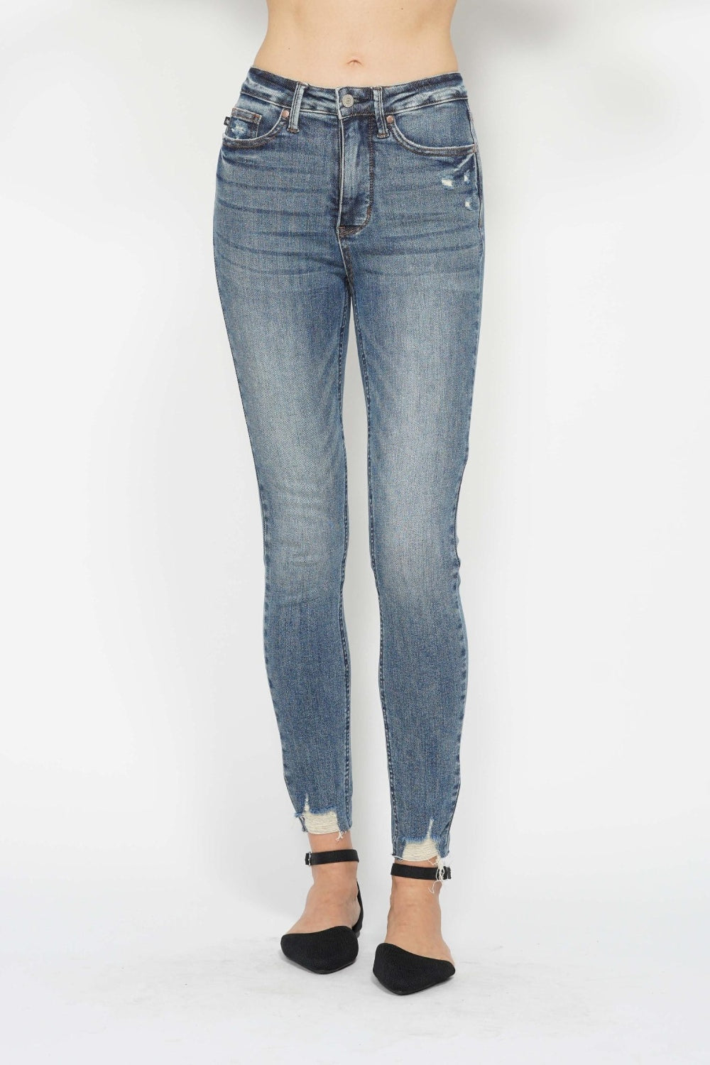 Judy Blue Full Size Tummy Control Vintage Wash Hem Destroy Skinny Jeans - Charming Charlie
