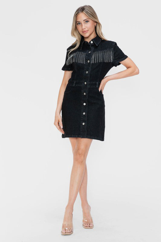 bytos Full Size Embellished Button Down Short Sleeve Denim Dress - Charming Charlie