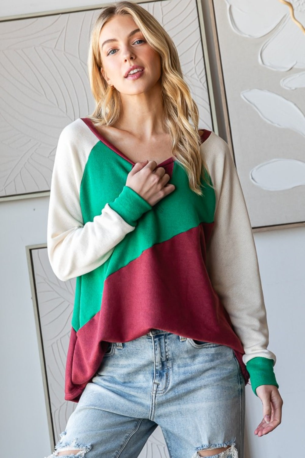 HOPELY Full Size Color Block Long Sleeve T-Shirt - Charming Charlie