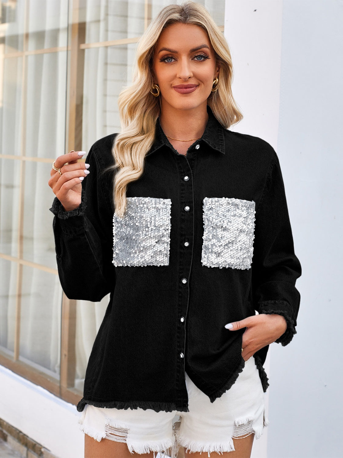 Raw Hem Button Up Long Sleeve Denim Jacket with Sequin Pockets - Charming Charlie