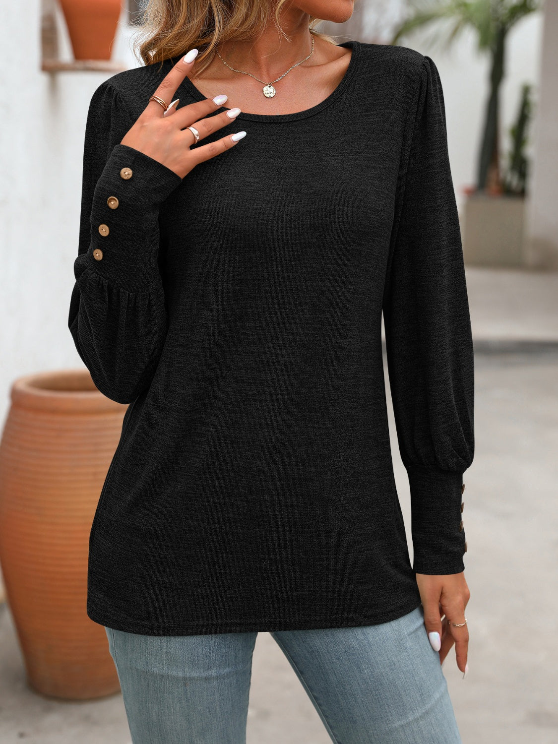 Decorative Button Round Neck Long Sleeve T-Shirt - Charming Charlie