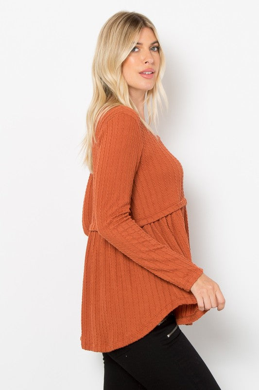 Be Stage Full Size Texture Babydoll Round Neck Long Sleeve Knit Top - Charming Charlie