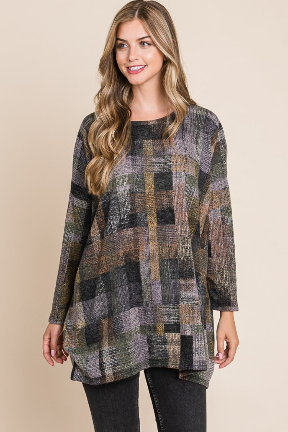 BOMBOM Plaid Round Neck Long Sleeve Top - Charming Charlie