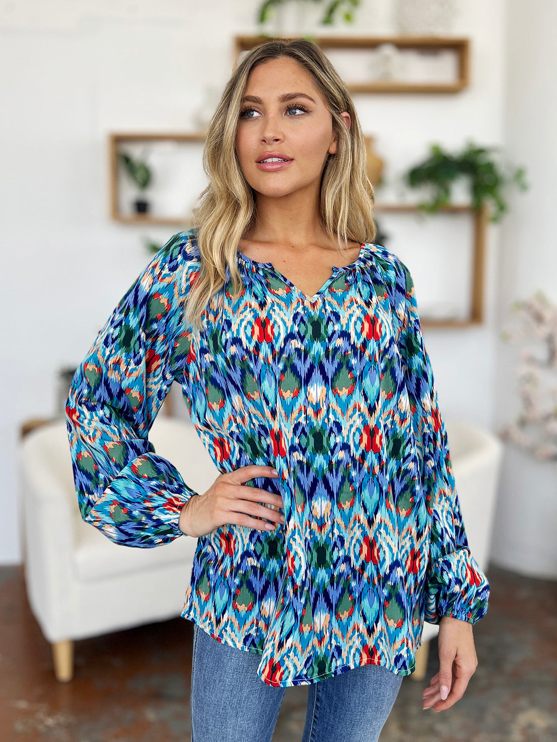 Double Take Full Size Printed Balloon Sleeve Blouse - Charming Charlie