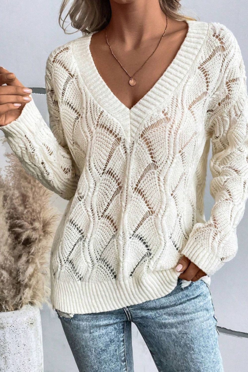 Openwork V-Neck Long Sleeve Sweater - Charming Charlie