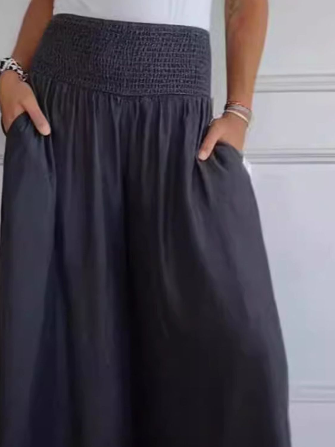 Full Size Smocked Wide Leg Pants with Pockets - Charming Charlie