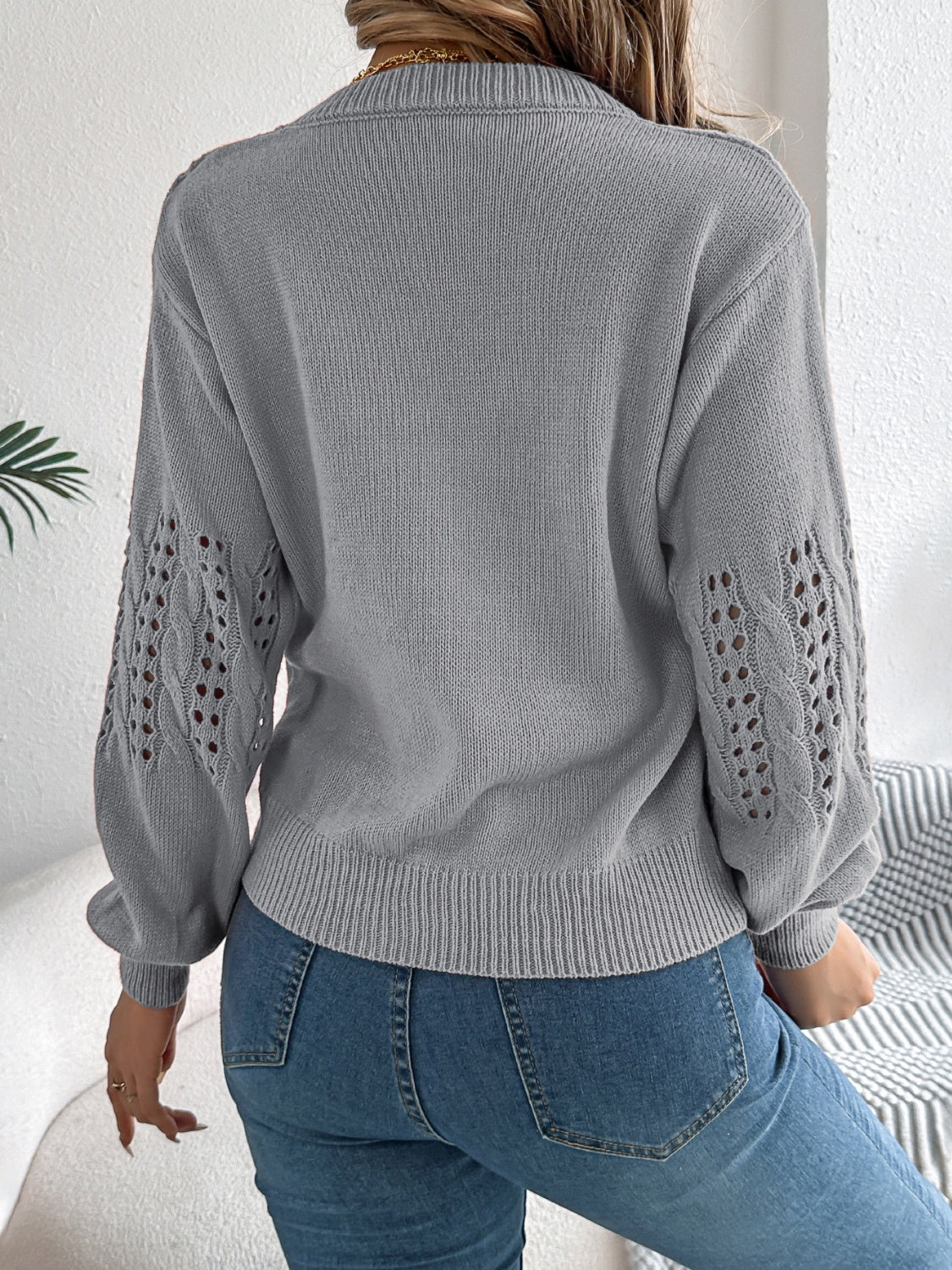 Openwork Round Neck Long Sleeve Sweater - Charming Charlie