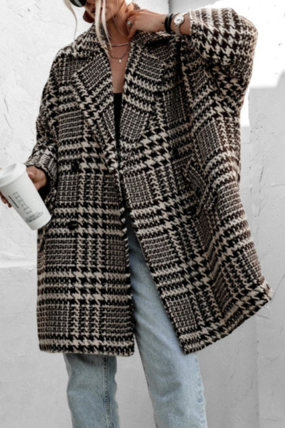 Houndstooth Collared Neck Long Sleeve Coat with Pockets - Charming Charlie